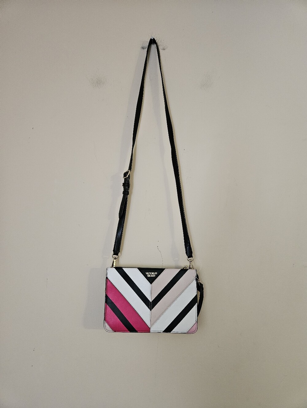 Victoria's Secret Colorblock Chevron Crossbody Bag - Pink, White & Black